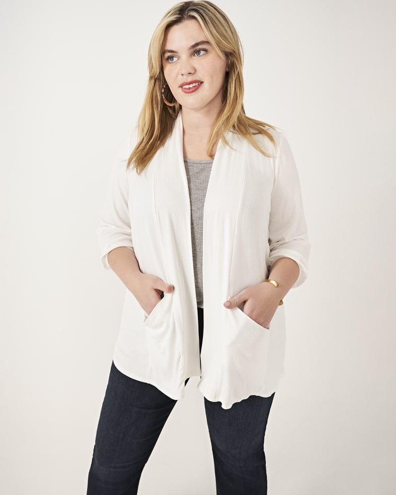 Front of plus size Cia 3/4 Sleeve Cardigan by Molly & Isadora | Dia&Co | dia_product_style_image_id:161217